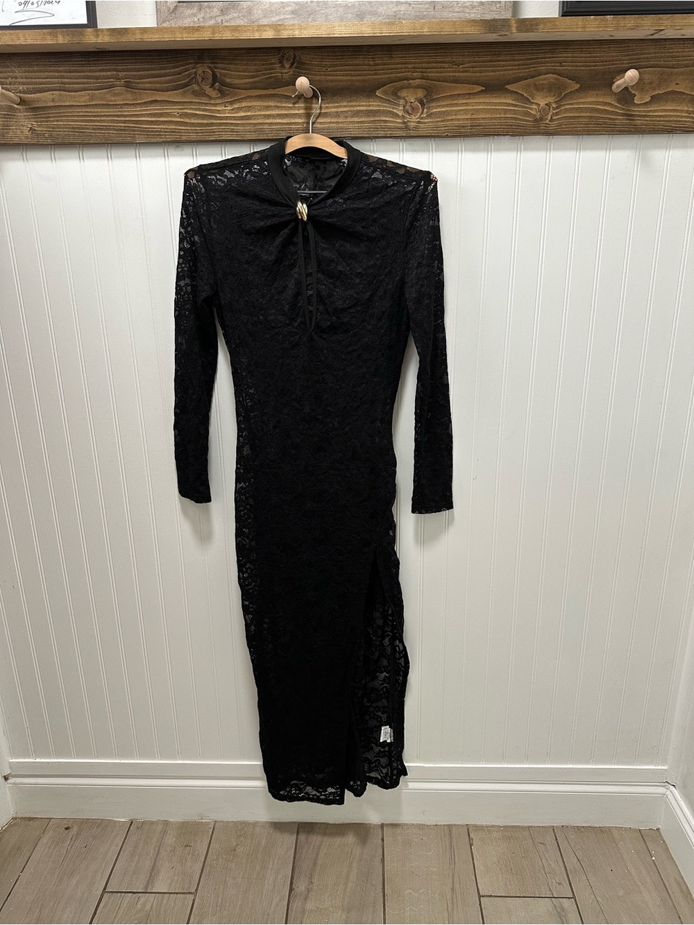 Sheer Black Lace Long Sleeve Maxi Dress back bustle Sz l whimsygoth  witchy